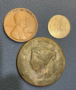 Large Cent, Three-Cent Silver (Trime) & 1910 Wheat Cent – Early U.S. Coin Set - Picture 1 of 2