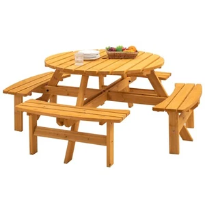 8-Person Circular Outdoor Wooden Picnic Table for Patio with 4 Built-in Benches - Picture 1 of 20