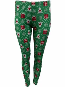 Junior Womens Green Nordic Christmas Tree & Snowflake Holiday Leggings - Picture 1 of 3