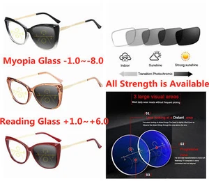 Women Cat Eye Varifocal Bifocal Photochromic Nearsighted Rx Reading Glass Presc - Picture 1 of 11