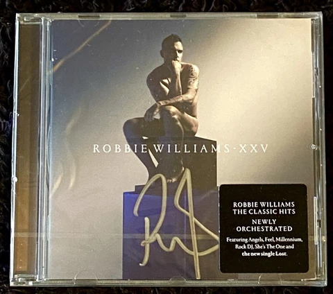 Hand Signed ROBBIE WILLIAMS CD XXV Take That CLASSIC HITS - Madonna Bieber + COA Cover