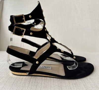 Jimmy Choo Gladiator Type Black Suede Gold Studded Flat Sandals Size 37 USED - Image 1 of 4