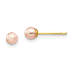 14K Solid Yellow Gold 3mm Pink Round Freshwater Cultured Pearl Stud Earrings - Picture 1 of 4