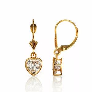 14K Yellow Gold 7MM Bezel Set White Sapphire Heart Lever Back Dangle Earrings - Picture 1 of 1