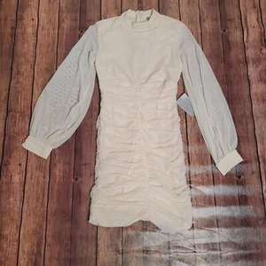 Love X Design Abito Donna S Beige Trasparente Sovrapposizione Manica Lunga Vescovo Mini Increspato - Foto 1 di 10