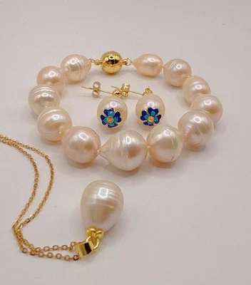 AAA+ natural south sea PINK pearl bracelet EARRINGS NECKLAC SET 14K clasp  (xp) - Image 1 of 4