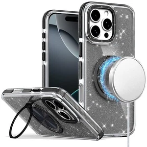 For iPhone 16 Pro 6.3in Case Magnetic Circle Stand Full Glitter + Tempered Glass - Picture 1 of 9