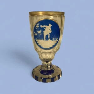 Mid 1800's Bohemian Cut Blue Overlay Beeker - Picture 1 of 6
