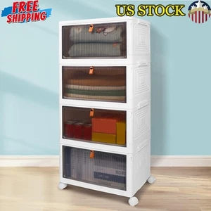 Stackable Storage Bins Wheels Lid Home Office Dorm 4 Tier Indoor PP Materials - Picture 1 of 6