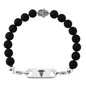Agate Medical Alert Bracelet Black Beads Personalized Medic ID Jewelry Haven - Picture 1 of 7