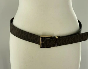 Michael Kors Belt Women Signature MK Logo Gold Plated Buckle Brown Sz Large - Picture 1 of 7
