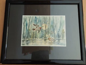 Aquarell Landschaft mit Enten von Kluschke (1990) signiert m. Rahmen - Bild 1 von 2
