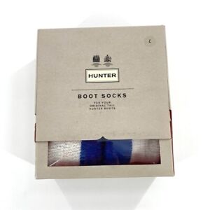 Hunter Original Womens Moustache Tall Boot Socks White Blue Stripe Sz L/8-10