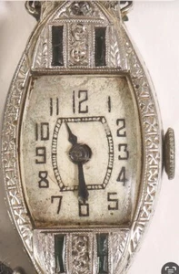 Antico Art Deco Fidea Watch Co Oro Bianco 18k Diamante Smeraldo Orologio Donna - Foto 1 di 20