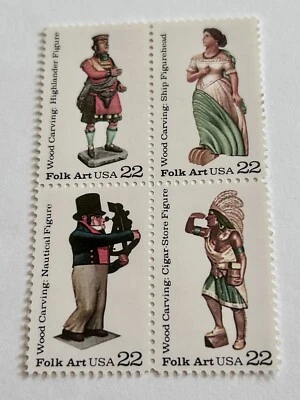 1986 Folk Art Block of 4 22 Cent Stamps MNH Unused USA Wood Carving Figures - Image 1 of 4