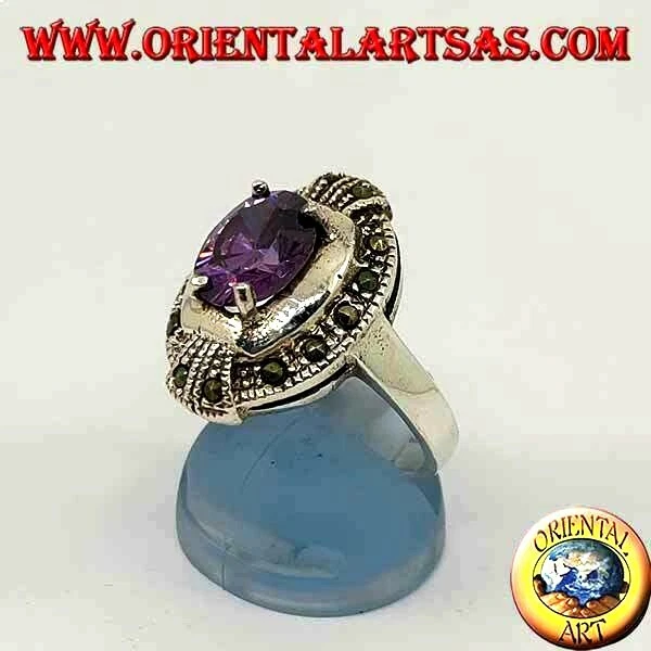 Anello in Argento 925‰ ellisse ametista naturale ovale incastonata e marcasite - Immagine 1 di 1