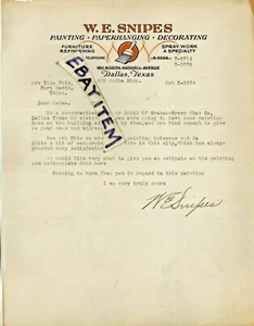 1934 DALLAS TEXAS Letterhead W E SNIPES Painter Paperhanger Decorator REFINISHER - Picture 1 of 1