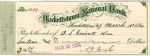 HACKETTSTOWN BANCO NACIONAL, NY 1894, CHEQUE - Imagen 1 de 2