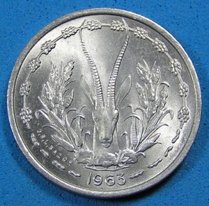 West African States 1 Franc Coin, 1963 BU with engraver's name 2 yr type KM-3.2 - Picture 1 of 2
