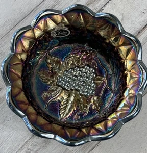 Vintage 6" Wide Fenton Carnival Glass Grapes Bowl Dish Ruffled Edge with tag - Picture 1 of 10