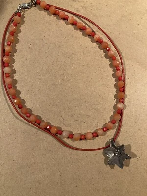 Vintage Orange Red Stone and Sterling Silver Flower Pendant Necklace. 925 SS - Image 1 of 4