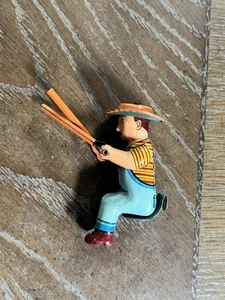EARLY TIN FARM WAGON OR TRACTOR MAN SOMBRERO STRAW HAT BIB JEANS OVERALLS - Picture 1 of 9