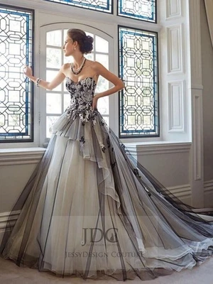 Unique Gothic Lace Wedding Dress Bridal Gown Black White Pearls Custom made Top - Image 1 of 4