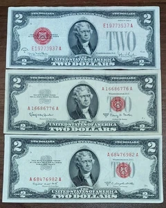 Lot 3pcs,1928.1953.1963 Two Dollar Red Seal $2 Bill circulated, random serial - Picture 1 of 2