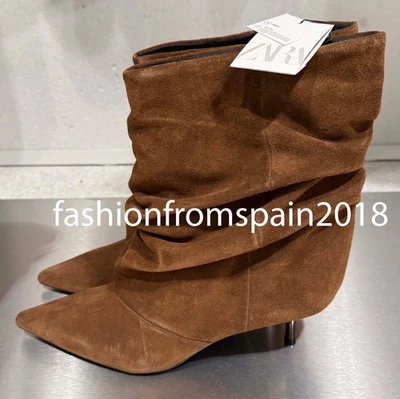 ZARA NEW WOMAN RUCHED SPLIT LEATHER ANKLE BOOTS DARK TAN 35-42 3100/610/709 - Image 1 of 3