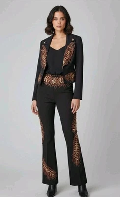 ALBERTO MAKALI SUIT DENIM EMBELLISHED SEQUIN FRINGE PANT SUIT New 2/4 $640 - Image 1 of 4