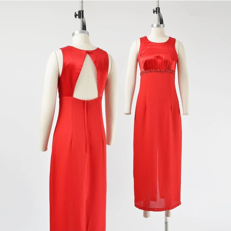 Vestido maxi festa formal vintage anos 90 cetim vermelho império cintura aberta costas XS P  - Imagem 1 de 4