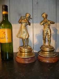 An Antique Pair of Mounted Brass Figurines, of a Boy Piper, and a Girl Violinist - Picture 1 of 12