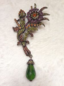 HEIDI DAUS Purple And Green Flower Pin Brooch with Green Drop