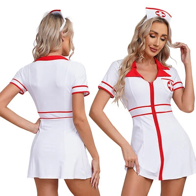 Vestido hospitalar sexy feminino enfermeira cosplay uniforme com chapéu headwear vestir-up - Imagem 1 de 3