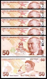 Turkey 50 Lira 2009 - 2025, UNC, 5 Pcs LOT, Consecutive, Prfx G, P-225, NEW DATE - Picture 1 of 4