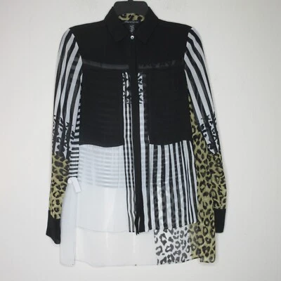 Женская прозрачная блузка Kenneth Cole с анималистическим принтом цветной блок с длинным рукавом XS B71 - Изображение 1 из 4