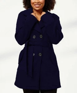 Big Chill Navy Double-Breasted Belted Fleece Trenchcoat Women Size 1X - Picture 1 of 4