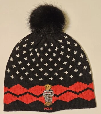 NWOT Polo Ralph Lauren Multicolor Beanie Knit Hat Bear Logo Pom-pom One Size - Image 1 of 4