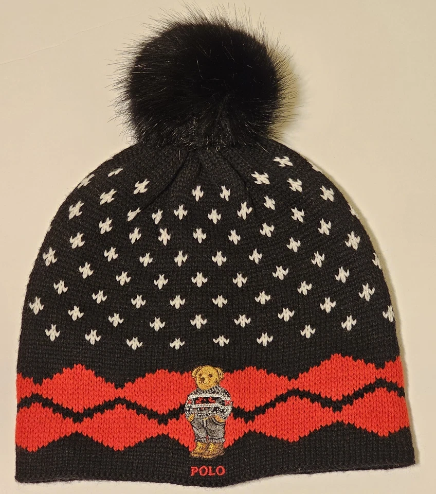 NWOT Polo Ralph Lauren Multicolor Beanie Knit Hat Bear Logo Pom-pom One Size - Image 1 of 4
