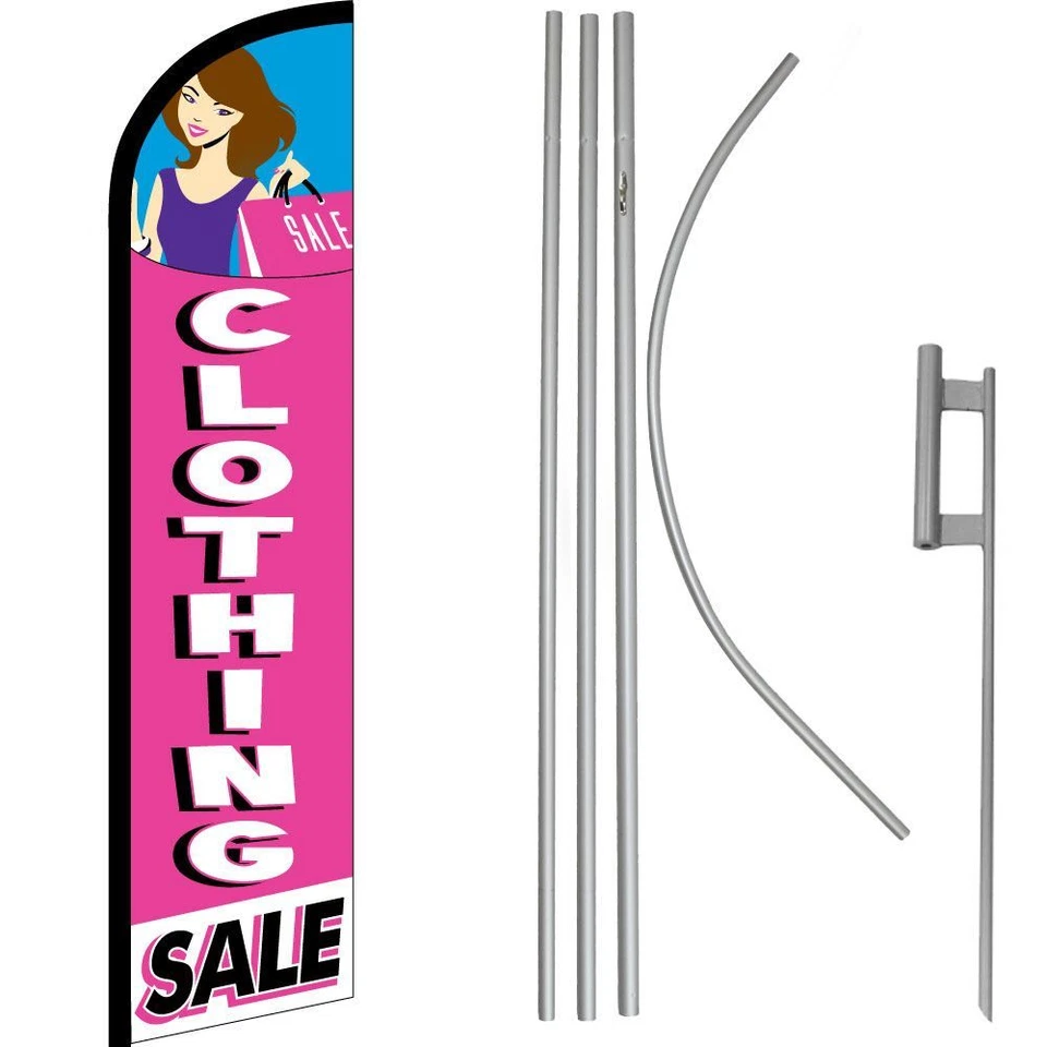 Clothing Sale Pink / White Windless Banner Flag & 16' Flagpole Kit /Ground - Image 1 of 1