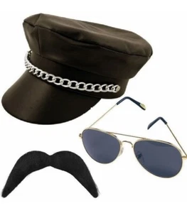 YMCA Village People 80s PVC Peak Cap Sunglasses Handlebar Tash Fancy Dress - Picture 1 of 1