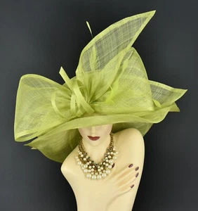 M23157( Lime Green )Kentucky Derby Church Wedding Wide Brim Sinamay Dress Hat - Picture 1 of 10