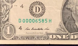 $1 Dollar Bill 2013 Circulated Fun Fancy LOW 4 Digit Serial Number D 0000 6585 H - Picture 1 of 3