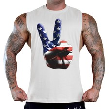 Men's American Peace Hand White Workout Tank Top Deep Cut Muscle USA Flag July 4