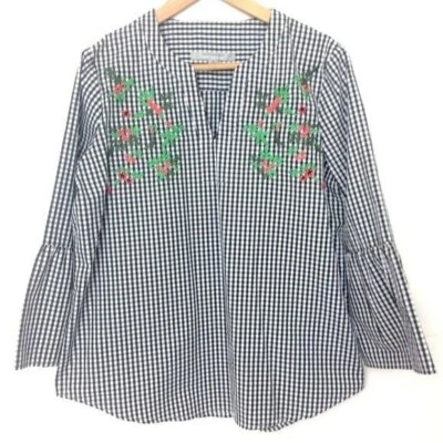 Blusa Andrew Marc Negra Blanca Guinga Top Bordada Manga Campana Para Mujer Talla M Foto 1 de 4