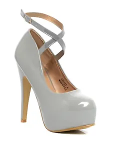 LADIES GREY PATENT PLATFORM HIGH HEELS CROSS STRAP STRAPPY EVENING PARTY SHOES - Picture 1 of 5