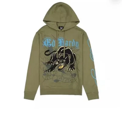 NUEVO CON ETIQUETAS Ed Hardy Negro Pantera Verde Oliva Sudadera con Capucha Hombre’s Grande Foto 1 de 4