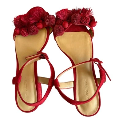 BANANA REPUBLIC Red Suede Sandals 9.5 Tassel Pompom Low Heel Party Tropical - Image 1 of 4