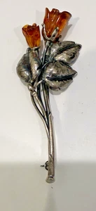 VINTAGE STERLING BROSCHE GESCHNITZT BERNSTEIN ROSE - Bild 1 von 5