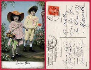 #62147 Frankreich 1906. Junge & Mädchen mit Blumen. Alte Postkarte für Urlaub - Bild 1 von 1